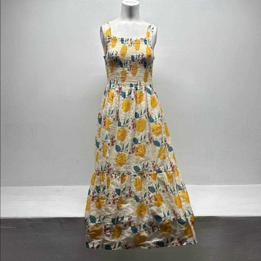 Trovata Birds of Paradis Smocked Dress Lemon Print Sleeveless Square Neck XS